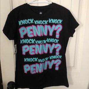 Black Graphic "PENNY?" Tee with Teal and Pink Print